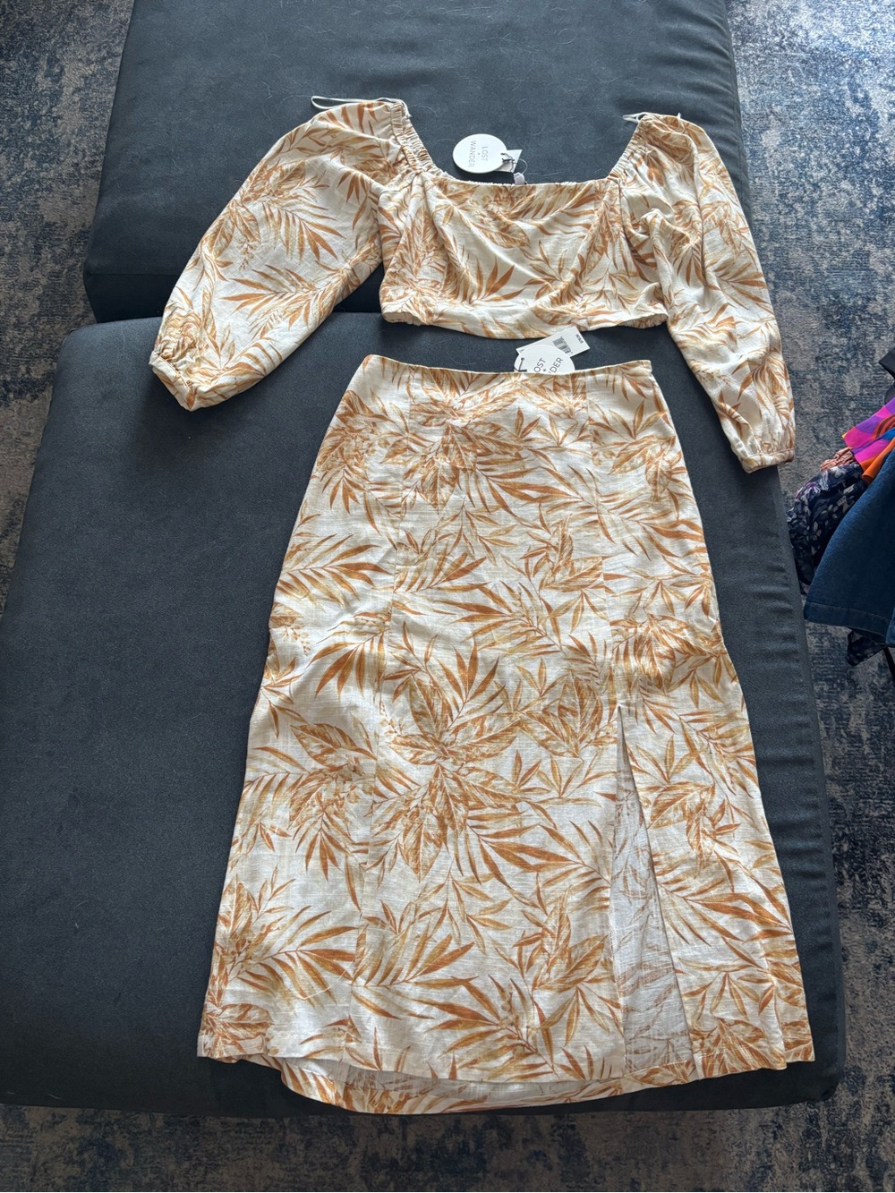 Lost + Wander Cream and Tan Tropical Leaf Two-Piece Set